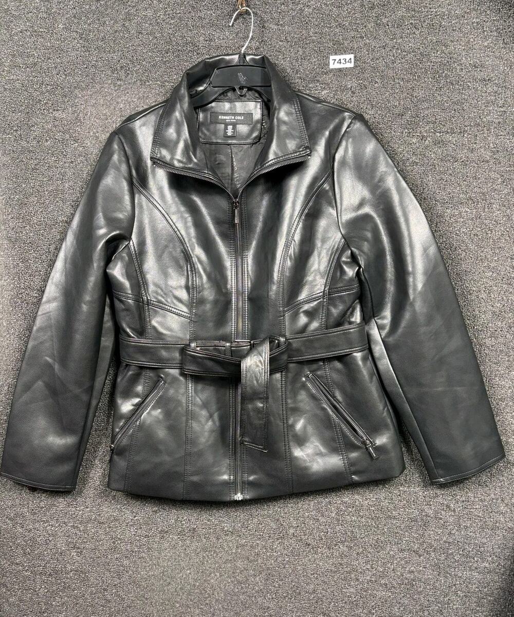 Kenneth Cole Reaction Jacket Womens Large Black Faux Leather Belted Moto Zip